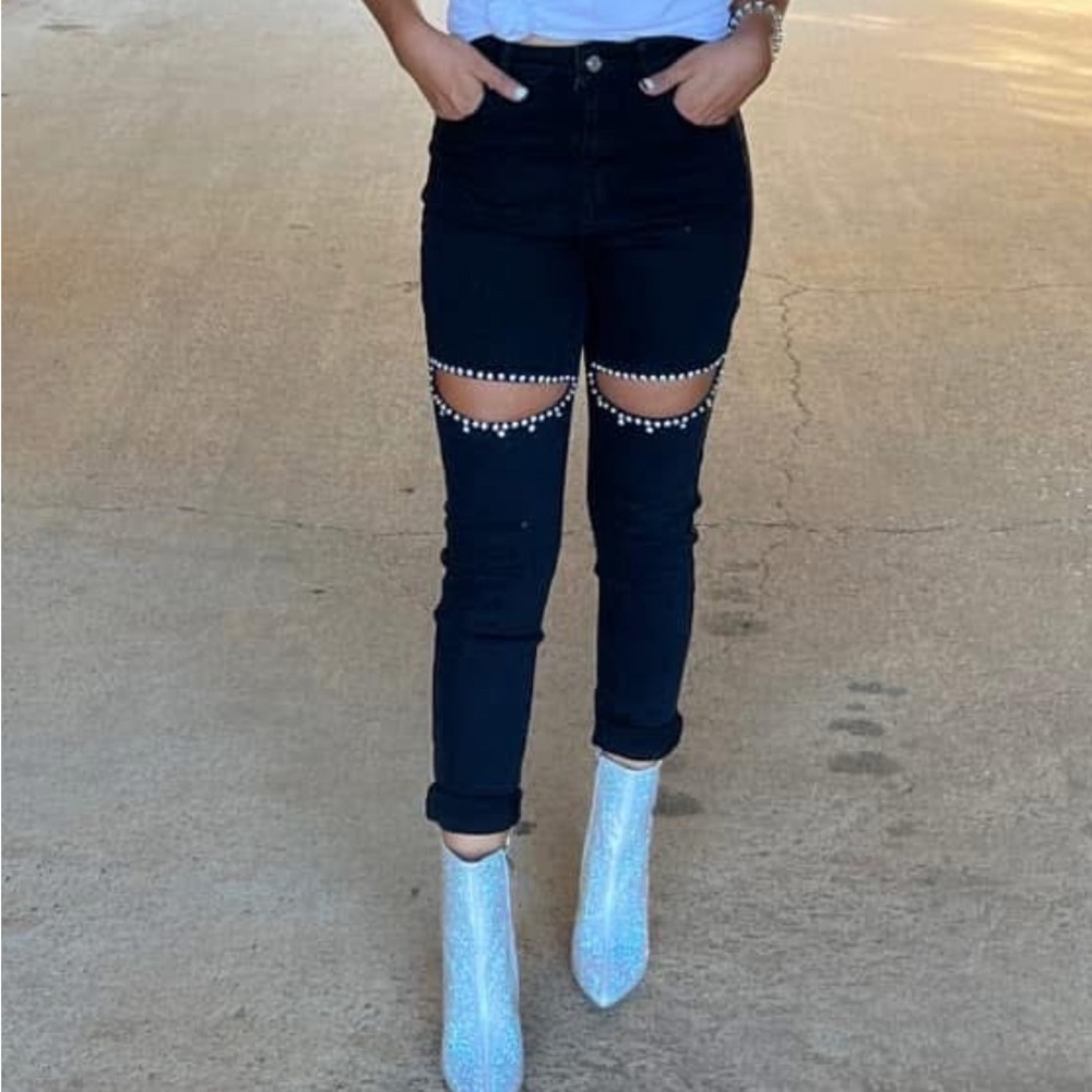 Black rhinestone cutout skinny jeans